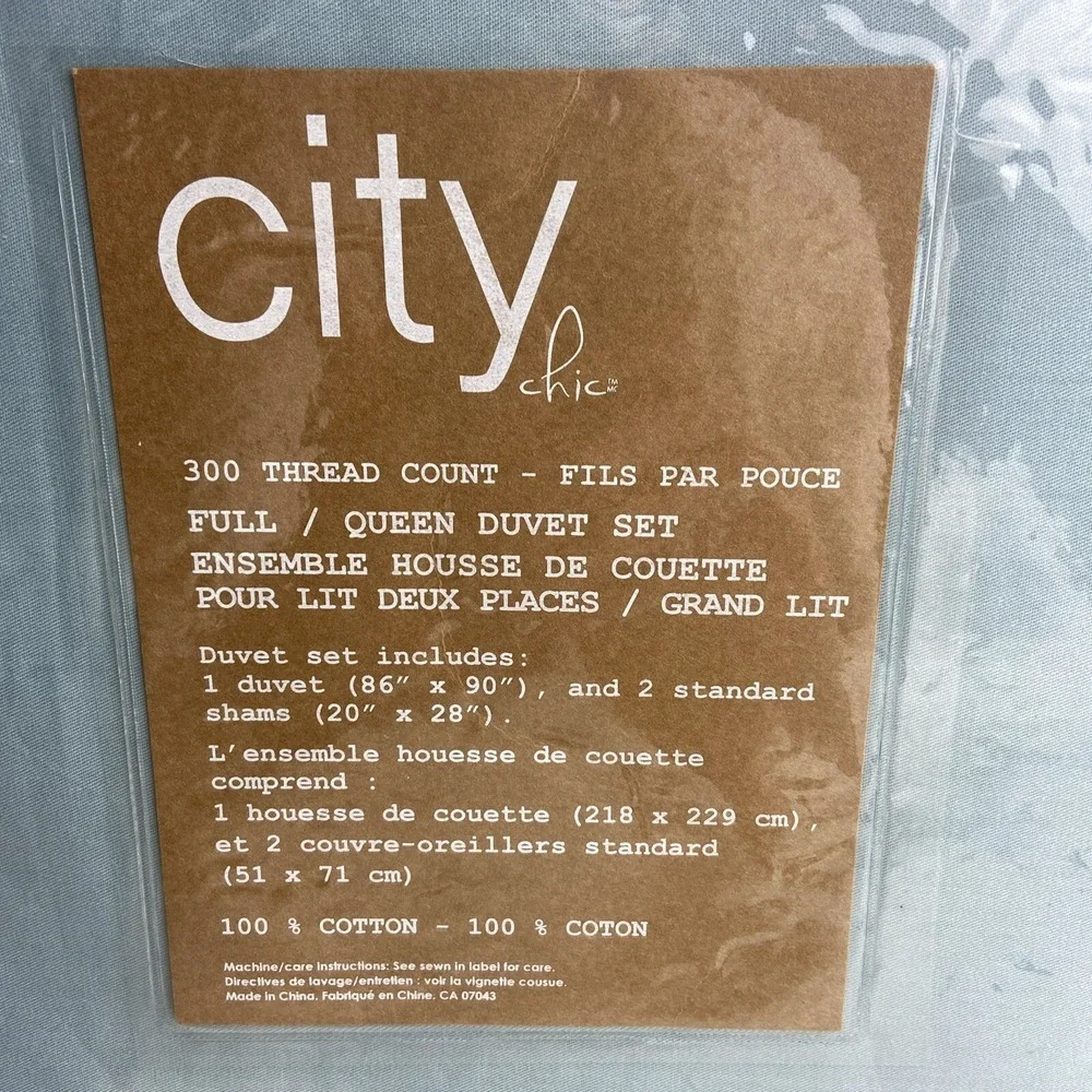 City Chic Full Queen Duvet Set W/2 Shams 300 Count 100% Cotton Blue‎ NEW